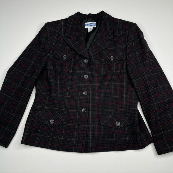Pendleton 100% Wool Blazer Plaid Equestrian Black Red Horse  Career Luxury Fall - Picture 1 of 13